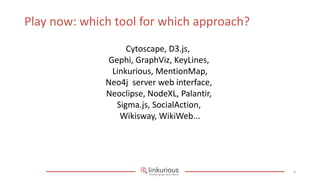 Play now: which tool for which approach?
                    Cytoscape, D3.js,
               Gephi, GraphViz, KeyLines,
                Linkurious, MentionMap,
              Neo4j server web interface,
              Neoclipse, NodeXL, Palantir,
                 Sigma.js, SocialAction,
                  Wikisway, WikiWeb...




                                             8
 