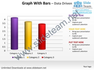 Graph With Bars – Data Driven


                                                             e t
                                                       .n
                                                       PUT TEXT HERE
                                                       •   Bring your presentation
  4                                                        to life



                                                     m
                                                       •   Capture your
 3.5


                                                  a
                                                           audience’s attention




                                                te
  3
                                                       YOUR TEXT HERE
 2.5                                                   •


                                              e
                                                           Bring your presentation
                                                           to life



                                     id
  2                                                    •   Capture your



                                   l
                                                           audience’s attention
 1.5
  1

                           .     s                     PUT TEXT HERE
                                                       •   Bring your presentation



                         w
 0.5                                                       to life
                                                       •   Capture your



                 w
  0                                                        audience’s attention
       Category 1   Category 2   Category 3


               w
           Category 1    Category 2     Category 3


                                                                         Your logo
Unlimited Downloads at www.slideteam.net
 