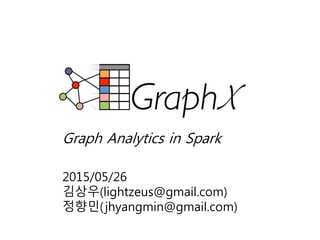 2015/05/26
김상우(lightzeus@gmail.com)
정향민(jhyangmin@gmail.com)
Graph Analytics in Spark
 