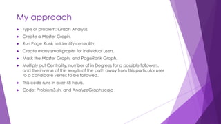 My approach
 Type of problem: Graph Analysis
 Create a Master Graph.
 Run Page Rank to identify centrality.
 Create many small graphs for individual users.
 Mask the Master Graph, and PageRank Graph.
 Multiply out Centrality, number of in Degrees for a possible followers,
and the inverse of the length of the path away from this particular user
to a candidate vertex to be followed.
 This code runs in over 48 hours.
 Code: Problem3.sh, and AnalyzeGraph.scala
 