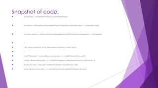 Snapshot of code:
 var PathGraph = ShortestPathFromSource.mask(ClickPairGraph)
 var Influence = PathGraph.joinVertices(MasterGraph.inDegrees)((id,pathlength,indeg)=> (1/pathlength)*indeg)
 var central_influence = Influence.joinVertices(MaskedMasterGraphPR.vertices)((id,dist,pagerank) => dist*pagerank)
 //
 // We want to eliminate the infinite, follow someone that there is in fact a path to
 //
 println("Processing " + central_influence.vertices.filter(_._2 < Double.PositiveInfinity).count())
 //central_influence.vertices.filter(_._2 < Double.PositiveInfinity).collect()foreach(record_to_list(SourceID,_))
 val save_file_name = base_path+"/problem3/OutGraph/"+SourceID.trim()+".data"
 central_influence.vertices.filter(_._2 < Double.PositiveInfinity).saveAsTextFile(save_file_name)
 