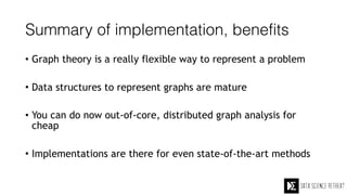 Summary of implementation, benefits
• Graph theory is a really flexible way to represent a problem
• Data structures to represent graphs are mature
• You can do now out-of-core, distributed graph analysis for
cheap
• Implementations are there for even state-of-the-art methods
 