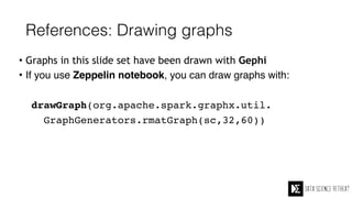 References: Drawing graphs
• Graphs in this slide set have been drawn with Gephi
• If you use Zeppelin notebook, you can draw graphs with:
drawGraph(org.apache.spark.graphx.util.
GraphGenerators.rmatGraph(sc,32,60))
 
 