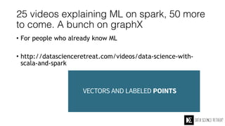 25 videos explaining ML on spark, 50 more
to come. A bunch on graphX
• For people who already know ML
• http://datascienceretreat.com/videos/data-science-with-
scala-and-spark
 