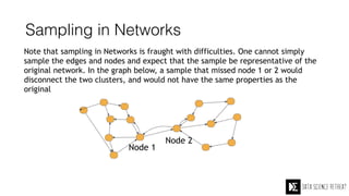 Sampling in Networks
Note that sampling in Networks is fraught with difficulties. One cannot simply
sample the edges and nodes and expect that the sample be representative of the
original network. In the graph below, a sample that missed node 1 or 2 would
disconnect the two clusters, and would not have the same properties as the
original
Node 11
Node 2
 