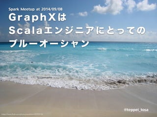 Spark Meetup at 2014/09/08 
G r a p h X は 
S c a l a エンジニアにとっての 
ブルーオーシャン 
@teppei_tosa 
https://www.flickr.com/photos/exalthim/337922734 
 