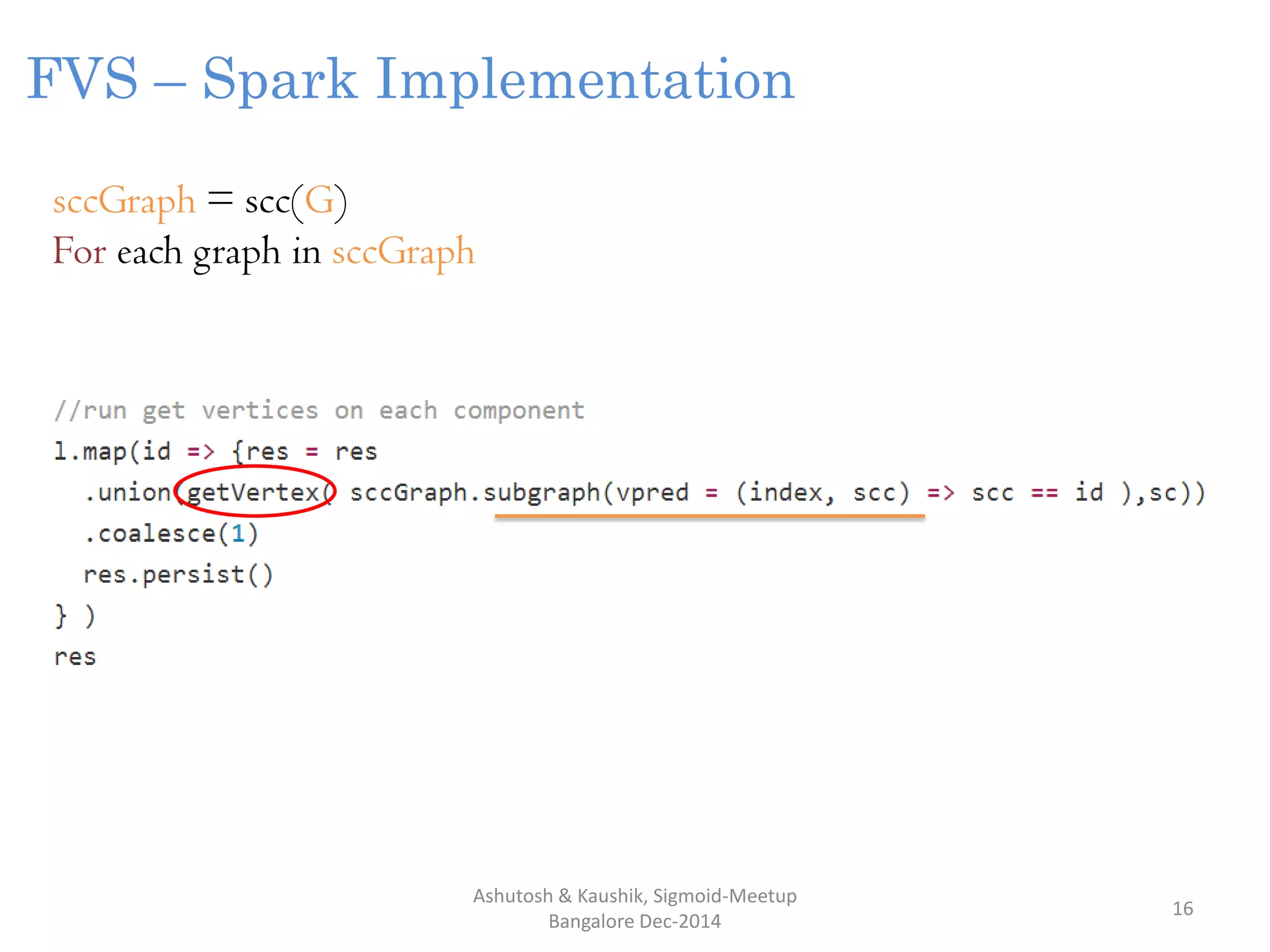 Ashutosh & Kaushik, Sigmoid-Meetup
Bangalore Dec-2014
16
FVS – Spark Implementation
sccGraph = scc(G)
For each graph in sccGraph
 