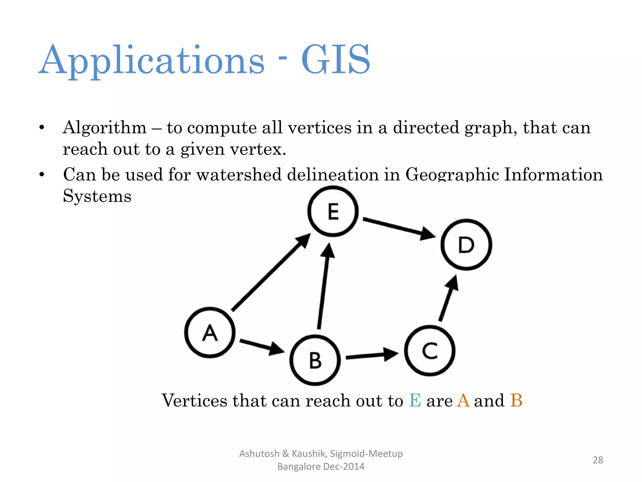 Applications - GIS
• Algorithm – to compute all vertices in a directed graph, that can
reach out to a given vertex.
• Can be used for watershed delineation in Geographic Information
Systems
Ashutosh & Kaushik, Sigmoid-Meetup
Bangalore Dec-2014
28
Vertices that can reach out to E are A and B
 