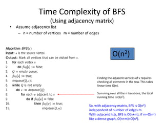 Time Complexity of BFS(Using adjacency matrix)Assume adjacency listn = number of vertices   m = number of edgesO(n2)Finding the adjacent vertices of v requires checking all elements in the row. This takes linear time O(n).Summing over all the n iterations, the total running time is O(n2).So, with adjacency matrix, BFS is O(n2) independent of number of edges m.  With adjacent lists, BFS is O(n+m); if m=O(n2) like a dense graph, O(n+m)=O(n2).