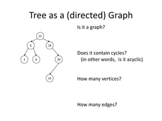 Tree as a (directed) GraphIs it a graph?Does it contain cycles?   (in other words,  is it acyclic)How many vertices?How many edges?15618833016