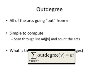 OutdegreeAll of the arcs going “out” from vSimple to computeScan through list Adj[v] and count the arcsWhat is the total outdegree? (m=#edges)