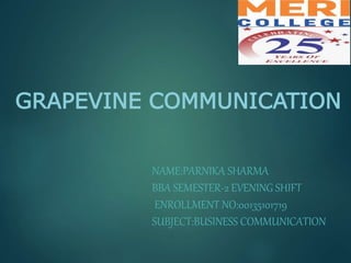 NAME:PARNIKA SHARMA
BBA SEMESTER-2 EVENING SHIFT
ENROLLMENT NO:00135101719
SUBJECT:BUSINESS COMMUNICATION
GRAPEVINE COMMUNICATION
 