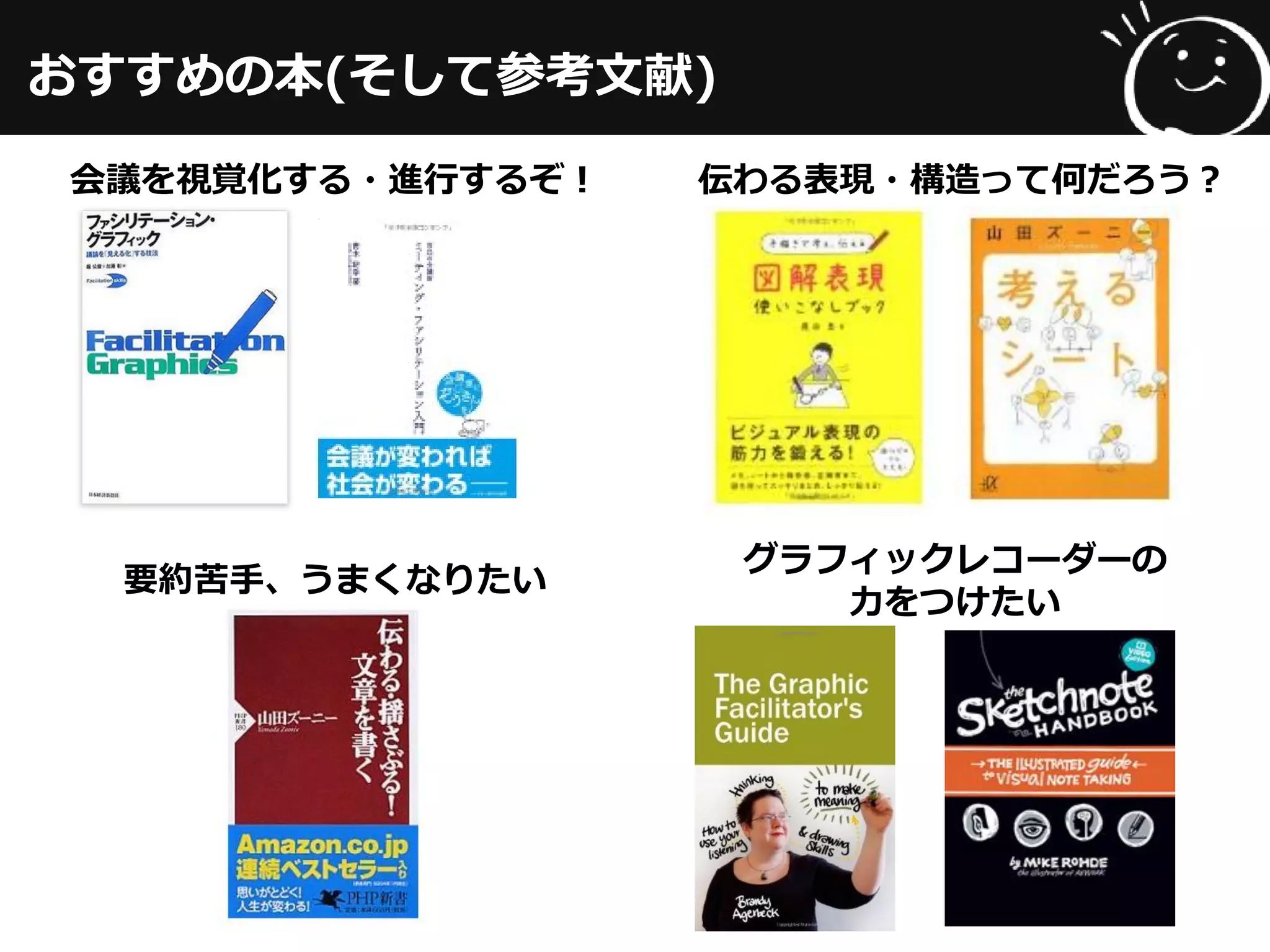 おすすめの本(そして参考文献)
会議を視覚化する・進行するぞ！ 伝わる表現・構造って何だろう？
グラフィックレコーダーの
力をつけたい
要約苦手、うまくなりたい
 