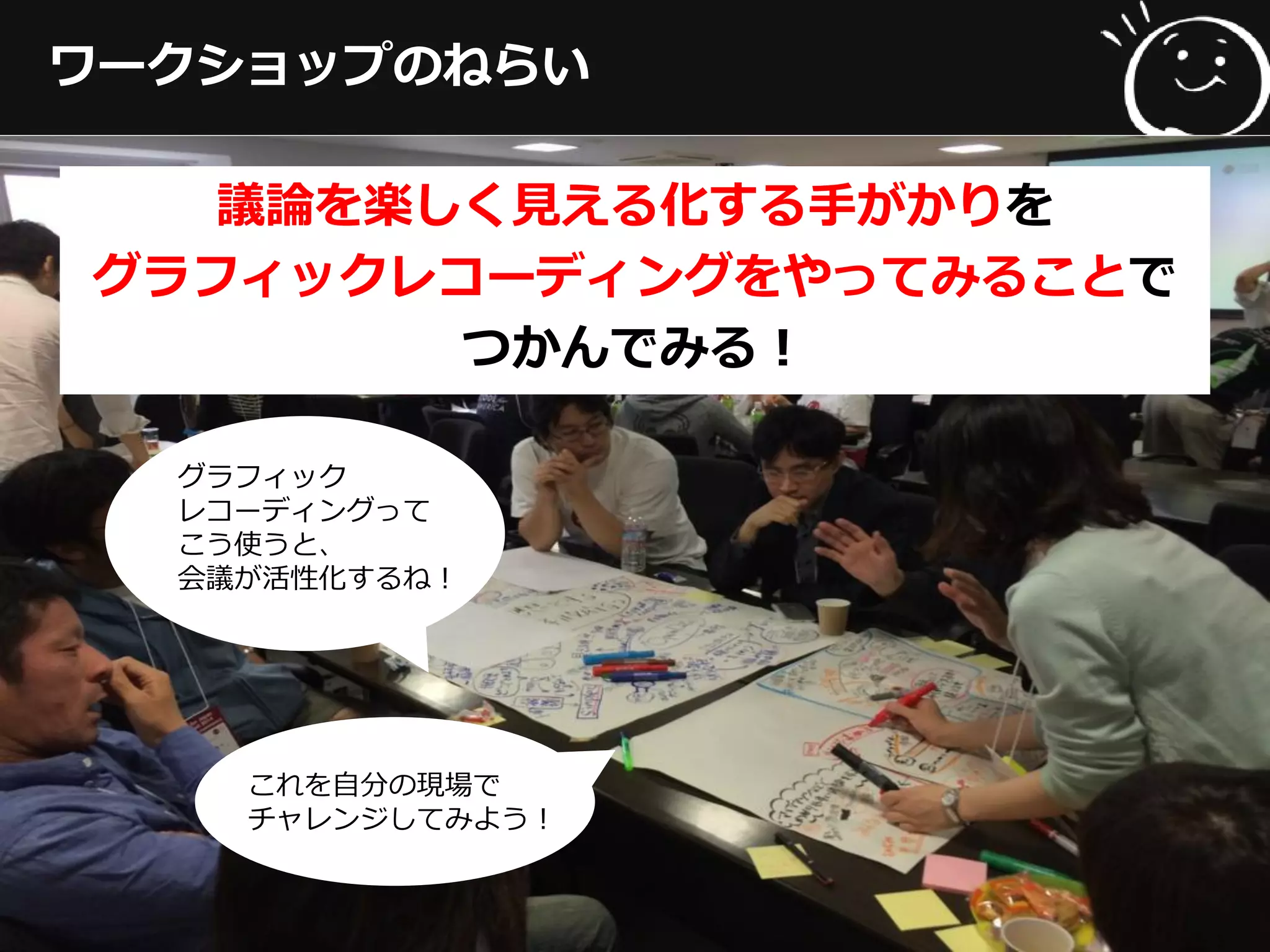 ワークショップのねらい
議論を楽しく見える化する手がかりを
グラフィックレコーディングをやってみることで
つかんでみる！
グラフィック
レコーディングって
こう使うと、
会議が活性化するね！
これを自分の現場で
チャレンジしてみよう！
 