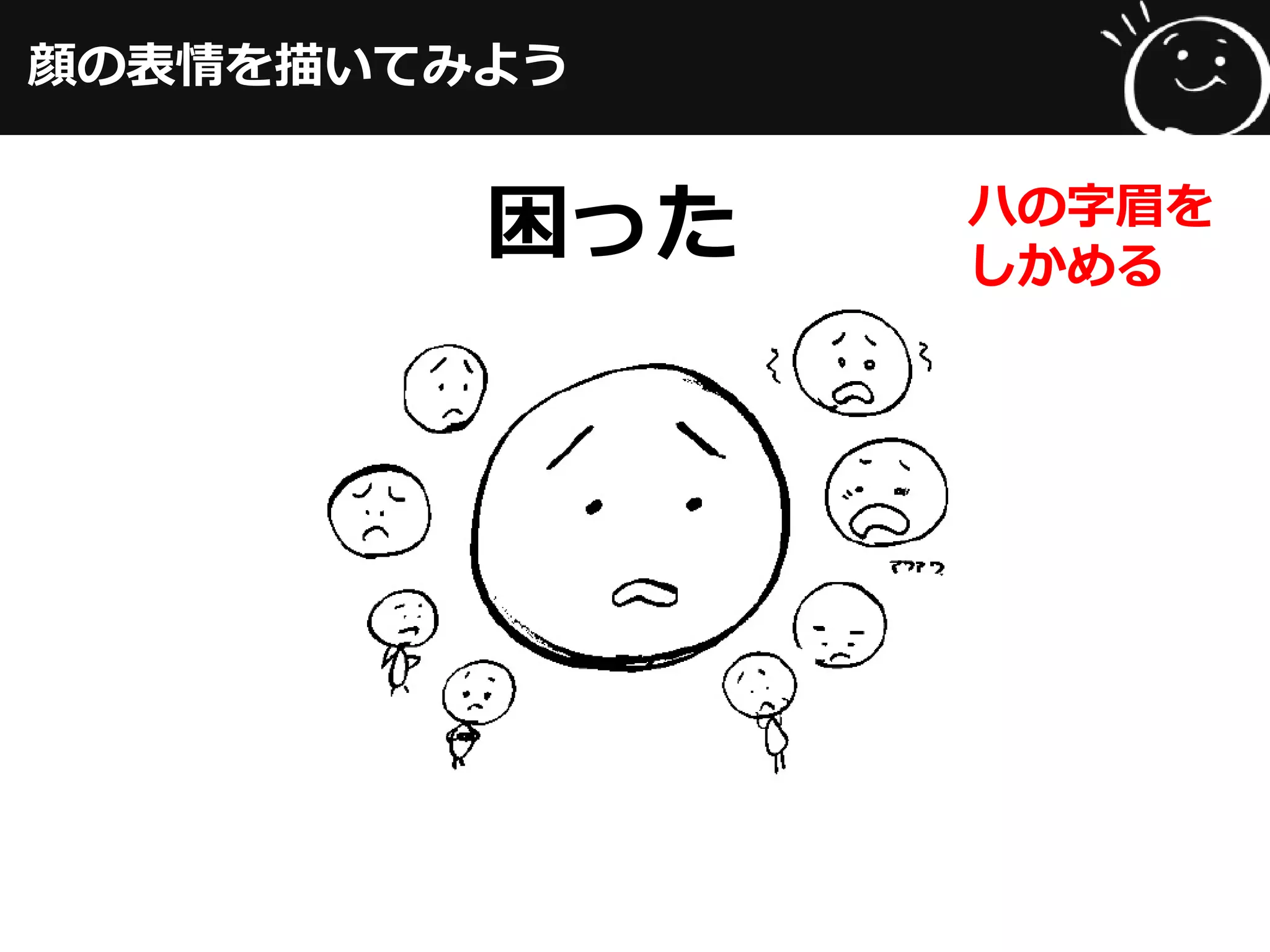 顔の表情を描いてみよう
困った ハの字眉を
しかめる
 