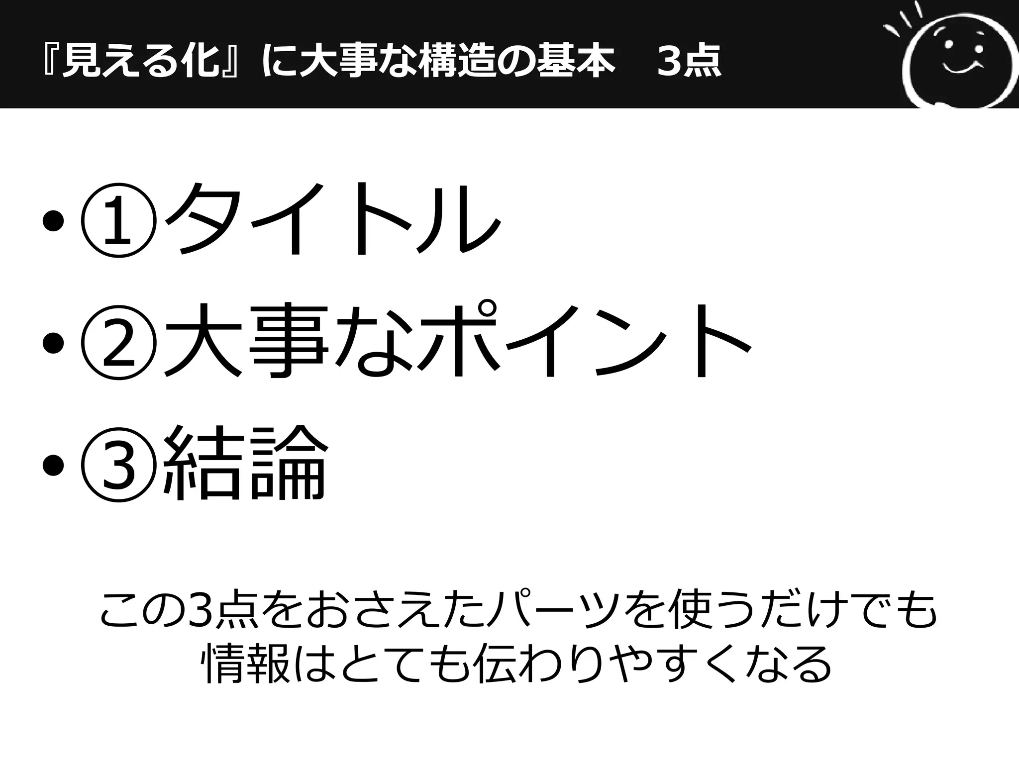 『見える化』に大事な構造の基本 3点
•①タイトル
•②大事なポイント
•③結論
この3点をおさえたパーツを使うだけでも
情報はとても伝わりやすくなる
 