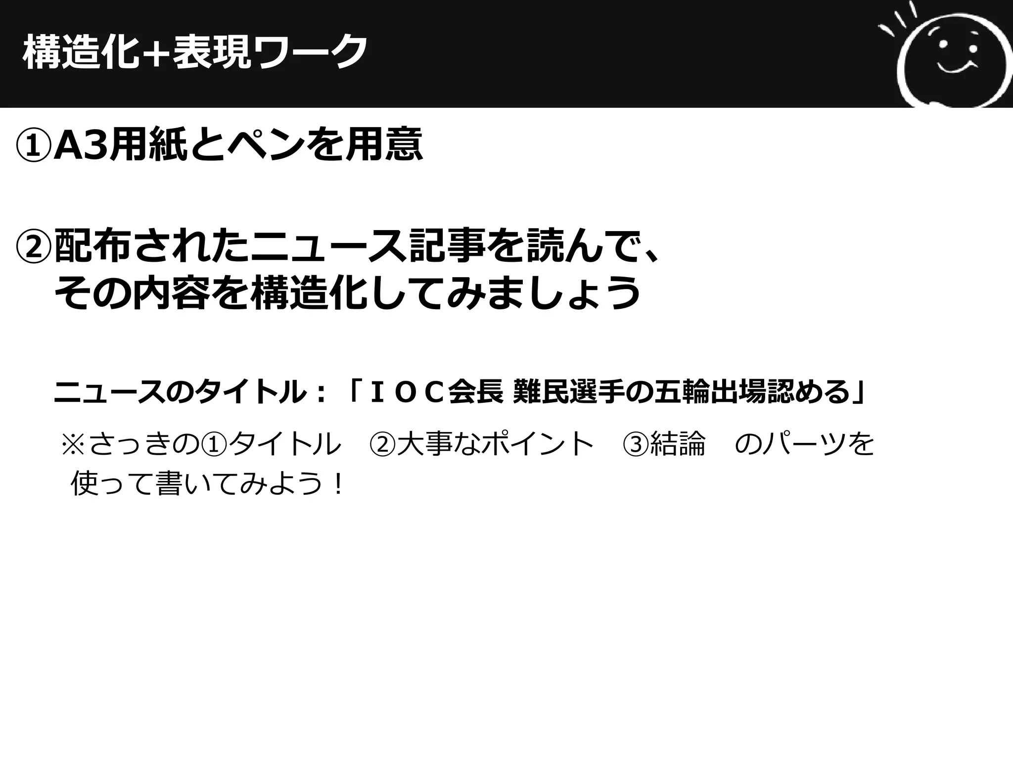 構造化+表現ワーク
①A3用紙とペンを用意
②配布されたニュース記事を読んで、
その内容を構造化してみましょう
ニュースのタイトル：「ＩＯＣ会長 難民選手の五輪出場認める」
※さっきの①タイトル ②大事なポイント ③結論 のパーツを
使って書いてみよう！
 