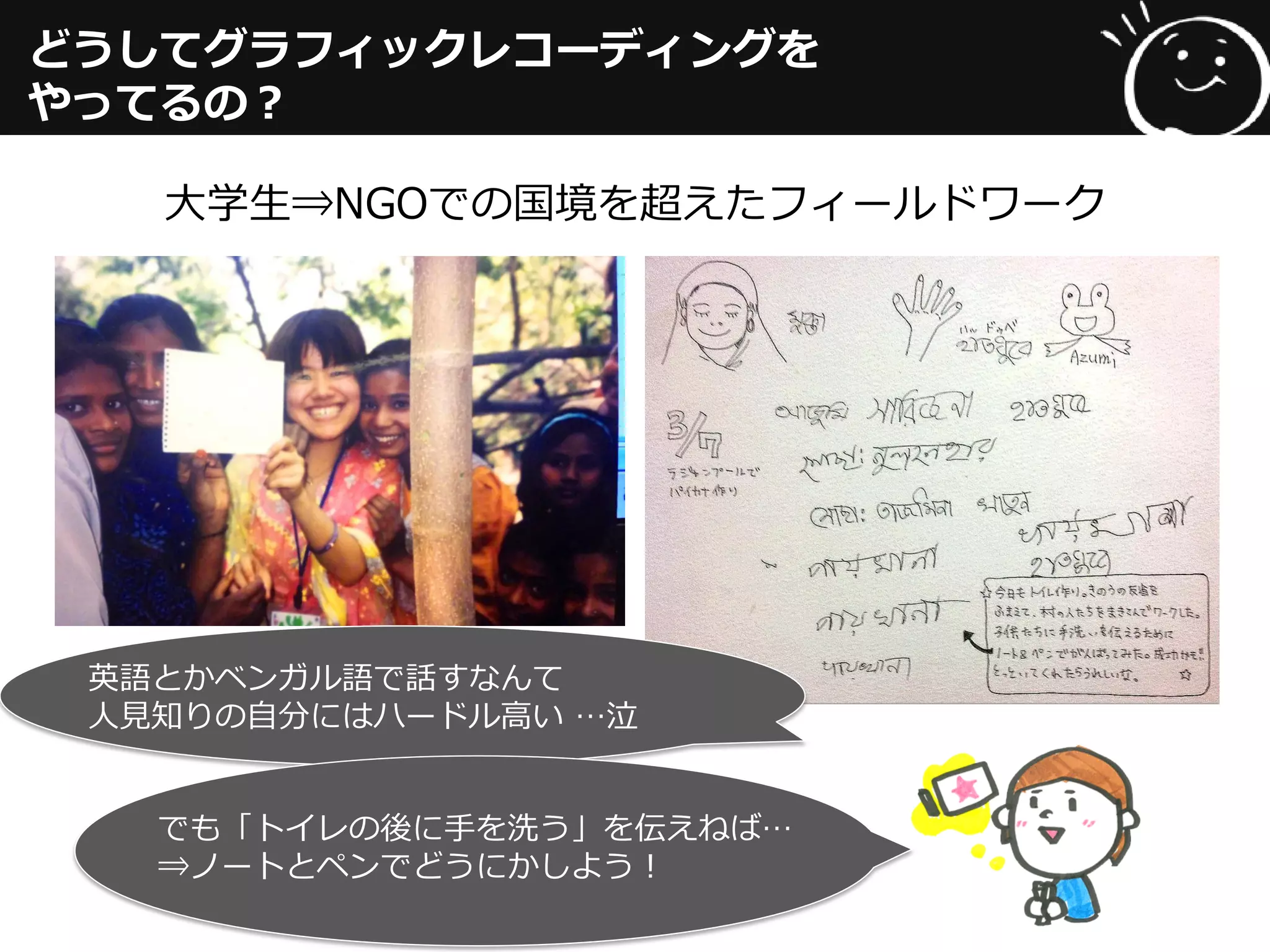 どうしてグラフィックレコーディングを
やってるの？
大学生⇒NGOでの国境を超えたフィールドワーク
英語とかベンガル語で話すなんて
人見知りの自分にはハードル高い …泣
でも「トイレの後に手を洗う」を伝えねば…
⇒ノートとペンでどうにかしよう！
 