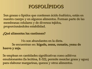 FOSFOLÍPIDOS
Son grasas o lípidos que contienen ácido fosfórico, están en
nuestro cuerpo y en algunos alimentos. Forman parte de las
membranas celulares y de diversos tejidos,
proporcionándoles estabilidad.

¿Qué alimentos los contienen?

              No son abundantes en la dieta.
      Se encuentran en: hígado, sesos, corazón, yema de
huevo y soja.

Se emplean en cantidades significativas como aditivos
emulsionantes (la lecitina, E-322, permite mezclar grasa y agua)
para elaborar margarinas, quesos y otros alimentos.
 