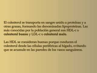 El colesterol se transporta en sangre unido a proteínas y a
otras grasas, formando las denominadas lipoproteínas. Las
más conocidas por la población general son HDL-c o
colesterol bueno y LDL-c o colesterol malo.

Las HDL se consideran buenas porque conducen el
colesterol desde las células periféricas al hígado, evitando
que se acumule en las paredes de los vasos sanguíneos.
 