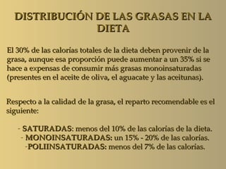 DISTRIBUCIÓN DE LAS GRASAS EN LA
               DIETA

El 30% de las calorías totales de la dieta deben provenir de la
grasa, aunque esa proporción puede aumentar a un 35% si se
hace a expensas de consumir más grasas monoinsaturadas
(presentes en el aceite de oliva, el aguacate y las aceitunas).


Respecto a la calidad de la grasa, el reparto recomendable es el
siguiente:

   - SATURADAS: menos del 10% de las calorías de la dieta.
    - MONOINSATURADAS: un 15% - 20% de las calorías.
      -POLIINSATURADAS: menos del 7% de las calorías.
 