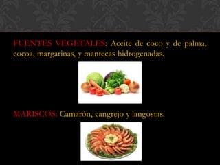 FUENTES VEGETALES: Aceite de coco y de palma,
cocoa, margarinas, y mantecas hidrogenadas.

MARISCOS: Camarón, cangrejo y langostas.

 