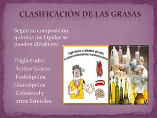  Según su composición
química los Lípidos se
pueden dividir en:
 Triglicéridos
 Ácidos Grasos
 Fosfolipidos,
 Glucolipidos
 Colesterol y
 otros Esteroles.
 