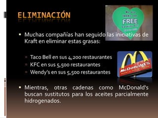  Muchas compañías han seguido las iniciativas de
  Kraft en eliminar estas grasas:

   Taco Bell en sus 4,200 restaurantes
   KFC en sus 5,500 restaurantes
   Wendy’s en sus 5,500 restaurantes


 Mientras, otras cadenas como McDonald's
  buscan sustitutos para los aceites parcialmente
  hidrogenados.
 