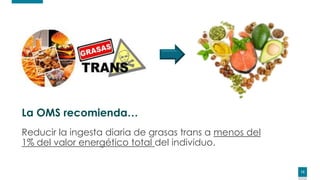 13
La OMS recomienda…
Reducir la ingesta diaria de grasas trans a menos del
1% del valor energético total del individuo.
 