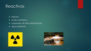 Reactivos
 Hexano
 Ácido clorhídrico
 Suspensión de tierra diatomácea
 Agua destilada
 