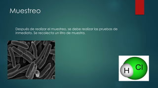 Muestreo
Después de realizar el muestreo, se debe realizar las pruebas de
inmediato. Se recolecta un litro de muestra.
 