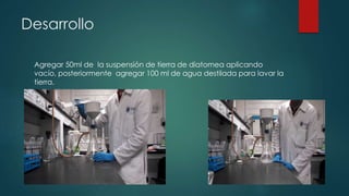 Desarrollo
Agregar 50ml de la suspensión de tierra de diatomea aplicando
vacío, posteriormente agregar 100 ml de agua destilada para lavar la
tierra.
 