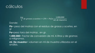 cálculos
𝑚𝑔
𝐿
𝑑𝑒 𝑔𝑟𝑎𝑠𝑎𝑠 𝑦 𝑎𝑐𝑒𝑖𝑡𝑒𝑠 = 𝑃𝑏 − 𝑃𝑎 𝑥
1,000,000
𝑚𝑙. 𝑑𝑒 𝑚𝑢𝑒𝑠𝑡𝑟𝑎
Donde:
Pb= peso del matraz con el residuo de grasas y aceites, en
gr
Pa=peso tara del matraz , en gr.
1,000,000= Factor de conversión de ml. A litros y de gramos
a miligramos.
ml. De muestra= volumen en ml de muestra utilizados en el
análisis.
 