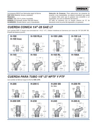 1/4"
1/2"
65˚
3/4"
27/32"
5/16"
11/16"
HEX.
5/16"
Las graseras INDUX son fabricadas según la Norma
SAE J534 (Material, dureza y acabado).
Materiales:
ACERO: SAE 12L14 y Acero Inoxidable
DUREZA: 83 Rockwell, escala 15N (450 Vikers)
ACABADOS: Zincado blanco, azul y tropicalizado.
Selección de Graseras: Para seleccionar las graseras de
acuerdo a sus necesidades, se deberá considerar que quede
un espacio libre para que la grasera sea accesible a un
engrasador, así como el diámetro del barreno.
(El sello se mantiene con un ángulo máximo de 10˚ de
desviación entre la punta del engrasador y la grasera).
CUERDA PARA TUBO 1/8"-27 NPTF Y PTF
CUERDA CONICA 1/4"-28 SAE LT
Las cuerdas SAE LT tienen una conicidad de 1:16 (1˚ 47´). Deben instalarse en barrenos con rosca de 1/4"-28 UNF 3B.
El perfil del diente es de 60˚.
Las cuerdas se fabrican según la Norma SAE J476.
H-100
H-100 Inox
H-100 RLA H-100 LMA H-100 LA
H-145 H-165 H-165 RL H-190A
5/16"
65o
1/2"
33/64"
90˚
13/16"
19/64"
1/4"
HEX.
1/2"
5/16"
17/32"
27/32"
7/32" 9/32"
1"
H-200 H-200 C H-200 SB
Sin Balin
H-200 RI
H-200 DR H-230 H-245 H-265 A
9/64"
5/32"
7/16"
45˚
35/64"
3/16"
15/64" 23/64"
13/64"
5/8"
31/32"
5/16"
1 1/8"
25/32"
13/64"
7/32" 7/32"
3/4"
7/32"
5/32"
HEX.
3/8"
HEX.
3/8"
HEX.
3/8"
HEX.
3/8"
HEX.
7/16" HEX.
7/16"
HEX.
7/16"
3/16"
21/32"
29/64"
3/8"
15/16"
19/64"
55/64"
7/32"
15/64"
HEX.
7/16"
HEX.
7/16"
HEX.
7/16"
5/8"
1"
5/16"
3/16"
45˚
30˚
19/64"
19/32"
9/64" 13/64"
11/64"
21/32"
1/4"
HEX.
7/16"
65˚
3/16"
 