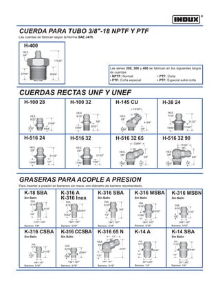H-400
CUERDA PARA TUBO 3/8"-18 NPTF Y PTF
CUERDAS RECTAS UNF Y UNEF
Las cuerdas se fabrican según la Norma SAE J476.
GRASERAS PARA ACOPLE A PRESION
Para insertar a presión en barrenos sin rosca, con diámetro de barreno recomendado.
Barreno: 1/8" Barreno: 3/16" Barreno: 3/16" Barreno: 3/16" Barreno: 3/16"
Barreno: 3/16" Barreno: 3/16" Barreno: 3/16" Barreno: 1/4" Barreno: 1/4"
Las series 200, 300 y 400 se fabrican en los siguientes largos
de cuerdas:
• NPTF: Normal • PTF: Corta
• PTF: Corta especial • PTF: Especial extra corta
K-18 SBA
Sin Balin
K-316 A
K-316 Inox
K-316 SBA
Sin Balin
K-316 MSBA
Sin Balin
K-316 MSBN
Sin Balin
K-316 CSBA
Sin Balin
K-316 CCSBA
Sin Balin
K-316 65 N K-14 A K-14 SBA
Sin Balin
H-100 28
HEX.
9/32"
3/32 9/64"
31/64"
H-100 32
HEX.
5/16"
13/64" 9/32"
5/8"
31/16"
7/32"
HEX.
3/4"
27/64"
1-5/32"
35/64"
H-38 24
HEX.
7/16"
15/64" 17/64"
21/32"
H-516 32
HEX.
3/8"
11/64"
21/32"
7/32"
H-516 24
HEX.
3/8"
21/32"
13/64" 1/4"
H-145 CU
45˚
13/32"
41/64"
5/64" 1/8"
HEX.
3/8"
H-516 32 65
65˚
33/64"
5/8"
7/64" 1/8"
HEX.
3/8"
H-516 32 90
90˚
17/32"
5/8"
7/64" 1/8"
HEX.
3/8"
DIA.
5/16"
DIA.
5/16"
DIA.
5/16"
DIA.
5/16"
DIA.
5/16"
9/16"
33/64"
1/4" 15/64" 1/4" 11/64"
15/32"
5/8"
.194"/.197" .194"/.197"
7/16"
1/8"
DIA.
5/16"
.194"/.197"
.131"/.134" .194"/.197"
.194"/.197" .194"/.197" .194"/.197"
65˚
1/2"
23/32"
7/32"
DIA.
5/16"
DIA.
11/32"
35/64"
.257"/.260"
.257"/.260"
35/64"
1/4" 1/4"
7/64"
25/64"
DIA.
5/16"
HEX.
3/8"
 