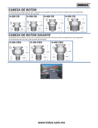 H-200 CB H-500 CB
CABEZA DE BOTON
El diámetro de la cabeza es de 5/8". Presenta una superficie lisa para el fácil acoplamiento del engrasador.
Se recomienda para alto volúmen de lubricante.
H-300 CB
H-200 CBG H-400 CBG
CABEZA DE BOTON GIGANTE
El diámetro de la cabeza es de 7/8". Presenta una superficie lisa para el fácil acoplamiento del engrasador.
Se recomienda para uso rudo y alto volúmen de lubricante.
H-300 CBG
H-400 CB
HEX.
5/8"
HEX.
5/8"
HEX.
3/4"
13/32"
1-1/16"
37/64" 15/32"
1-3/32"
9/16"
5/16"
27/32"
7/16"
17/64" 23/64"
3/4"
HEX.
7/8"
1/4" 29/64"
1-3/16"
HEX.
7/8"
3/8" 35/64"
1-9/32"
HEX.
7/8"
15/32"
41/64"
1-13/32"
H-200 CB H-300 CB H-400 CB
41/64"
HEX.
7/8"
MÉXICO (Planta)
Laminadora No. 37, Bellavista Tacubaya,
01140 México, D.F.
Tels.: (55) 2282•9330, 5272•2099 Fax: (55) 5272•6770
ventas@indux.com.mx / ventasi@indux.com.mx
MONTERREY (Planta)
16 de Septiembre No. 310 Poniente,
Independencia, 64720 Monterrey, N.L.
Tels.: (81) 8289•6330 al 32 Fax: (81) 8289•6333
induxmt@indux.com.mx
CIUDAD JUÁREZ
Fuentes de Verona No. 7507,
Fracc. Jardines de Lago, 32616 Cd. Juárez, Chihuahua.
Tel. / Fax: (656) 619•6767
induxcdjuarez@prodigy.net.mx
TORREÓN
Blvd. De las Águilas No. 920,
Col. Jacarandas, 27110 Torreón Coah.
Tel.: (871) 718•9829 Fax: (871) 718•9839
orona12@hotmail.com
LEÓN
Calle Curtidor No. 101,Fracc. Julián de Obregón, 37290 León, Gto.
Tels.: (477) 740•9330 al 32 Fax: (477) 740•9333
induxgto@indux.com.mx
QUERÉTARO (Planta)
Fracc. Agro-Industrial La Cruz Lote 11, 76249 El Márques, Qro.
Tels.: (442) 153•9330 al 39 Fax: (442) 277•5093, 277•5002
induxqro@indux.com.mx
GUADALAJARA
Calle 2 (Francisco de Orellana) No. 2023-A,
Zona Industrial, 44940 Guadalajara, Jal.
Tels.: (33) 3811•5060, 3560•6330 Fax: (33) 3811•5520
induxjal@indux.com.mx
PUEBLA
Av. Paseo de las Fuentes No. 13-A,
Col. Arboledas de Guadalupe, 72260 Pue, Pue.
Tels.: (222) 372•9330 al 32 Fax: (222) 372•9333
induxpue@indux.com.mx
MÉRIDA
Calle 42 No. 513-B por 65 y 67,
Col. Centro, 97000 Mérida,Yuc.
Tel.: (999) 924•2440 Fax: (999) 924•8924
induxmer@indux.com.mx
www.indux.com.mx
 