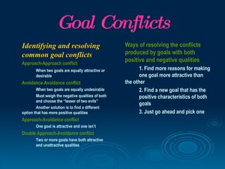 Goal Conflicts
Identifying and resolving                           Ways of resolving the conflicts
common goal conflicts                               produced by goals with both
Approach-Approach conflict
                                                    positive and negative qualities
        When two goals are equally attractive or           1. Find more reasons for making
        desirable                                          one goal more attractive than
Avoidance-Avoidance conflict                        the other
        When two goals are equally undesirable             2. Find a new goal that has the
        Must weigh the negative qualities of both          positive characteristics of both
        and choose the “lesser of two evils”
                                                           goals
        Another solution is to find a different
option that has more positive qualities                    3. Just go ahead and pick one
Approach-Avoidance conflict
        One goal is attractive and one isn’t
Double Approach-Avoidance conflict
        Two or more goals have both attractive
        and unattractive qualities
 