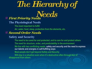 The Hierarchy of

                Needs
    First Priority Needs
    The Physiological Needs
          The most important to fulfill
          Air, water, food, sleep, protection from the elements, etc.
   Second Order Needs
    Safety and Security
          The need to be cared for and protected, and to care for and protect others
          The need for structure, order, and predictability in the environment
          We live with two conflicting needs: safety and security and the need to express
          our talents and energies in self-fulfilling ways
          Most people don’t get beyond Safety and Security
          Will stay in a situation even when it’s destructive often through fear of
    disapproval from others
 