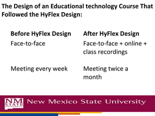 The Design of an Educational technology Course That
Followed the HyFlex Design:

   Before HyFlex Design    After HyFlex Design
   Face-to-face            Face-to-face + online +
                           class recordings

   Meeting every week      Meeting twice a
                           month
 