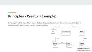 Principles - Creator (Example)
In Monopoly, which class should create the board square objects? From the domain model, the Board
object contains Square objects, so it is a good candidate.
Cem BASARANOGLU
info@cbasaranoglu.com
 