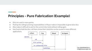Principles - Pure Fabrication (Example)
● Dice are used in many games.
● Putting the rolling/summing responsibilities in Player makes it impossible to generalize dice.
● Also makes it difficult to ask for the current dice total without rolling again.
● Use Cup to hold the dice, roll them, know their total dice can be reused in many different
applications.
Cem BASARANOGLU
info@cbasaranoglu.com
 