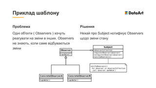 Проблема
Одні об'єкти ( Observers ) хочуть
реагувати на зміни в інших. Observers
не знають, коли саме відбуваються
зміни
Рішення
Нехай про Subject нотифікує Observers
щодо зміни стану
Приклад шаблону
 