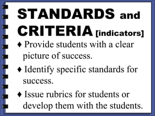 STANDARDS and
CRITERIA [indicators]
♦ Provide students with a clear
picture of success.
♦ Identify specific standards for
success.
♦ Issue rubrics for students or
develop them with the students.
 