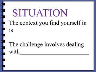 SITUATION
The context you find yourself in
is _________________________
The challenge involves dealing
with_______________________
 