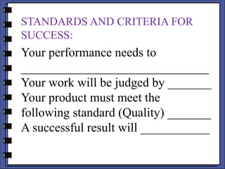 STANDARDS AND CRITERIA FOR
SUCCESS:
Your performance needs to
______________________________
Your work will be judged by _______
Your product must meet the
following standard (Quality) _______
A successful result will ___________
 