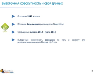 2
ВЫБОРОЧНАЯ СОВОКУПНОСТЬ И СБОР ДАННЫХ
Опрошено 1049 человек
Источник: база данных респондентов МаркетСенс
Сбор данных: Апрель 2014 - Июль 2014
Выборочная совокупность взвешена по полу и возрасту для
репрезентации населения Москвы 18-45 лет
 