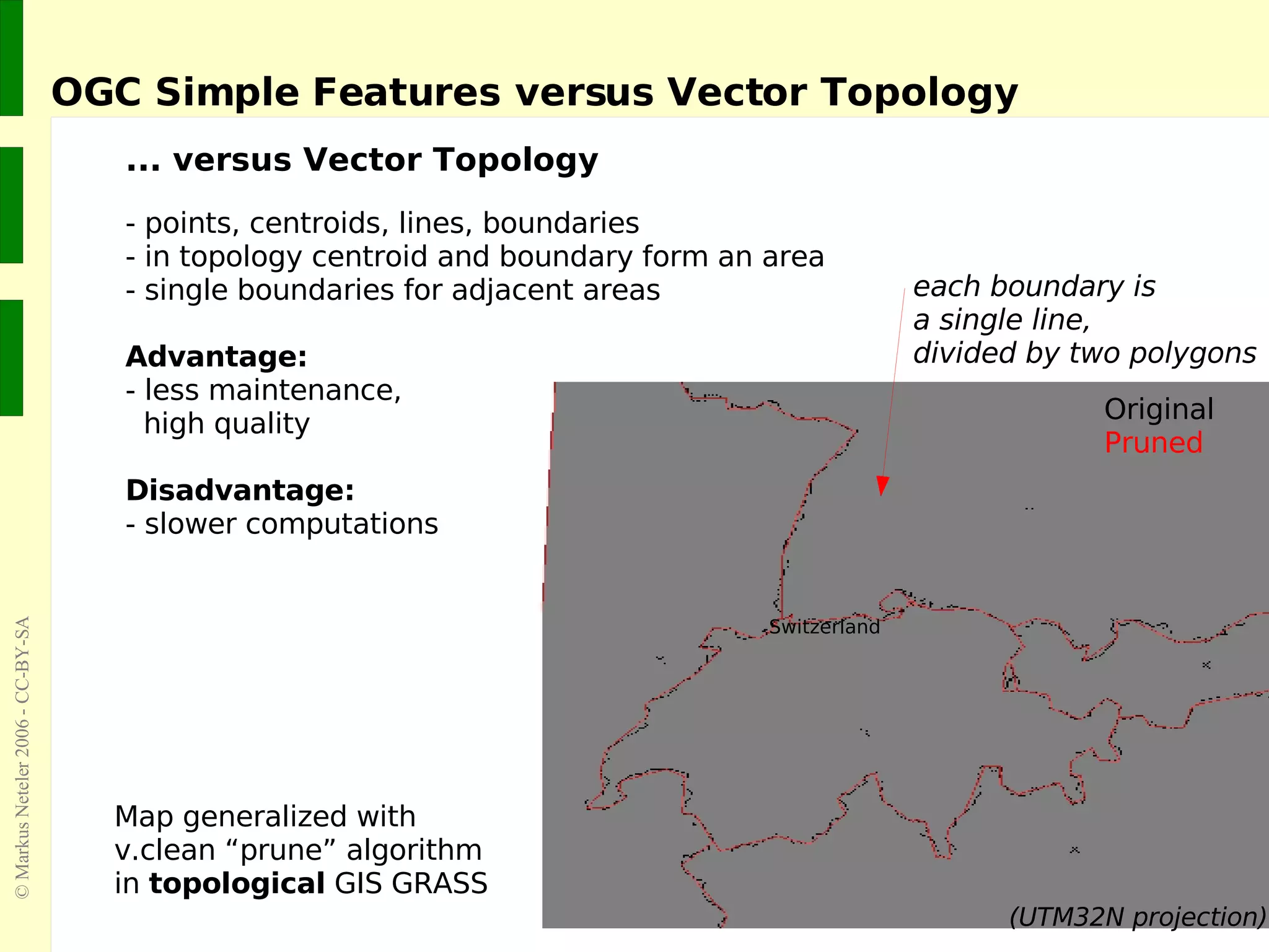 OGC Simple Features versus Vector Topology ... versus Vector Topology - points, centroids, lines, boundaries - in topology centroid and boundary form an area - single boundaries for adjacent areas Advantage: - less maintenance,   high quality Disadvantage: - slower computations Switzerland Original Pruned each boundary is  a single line, divided by two polygons (UTM32N projection) Map generalized with v.clean “prune” algorithm in  topological  GIS GRASS 