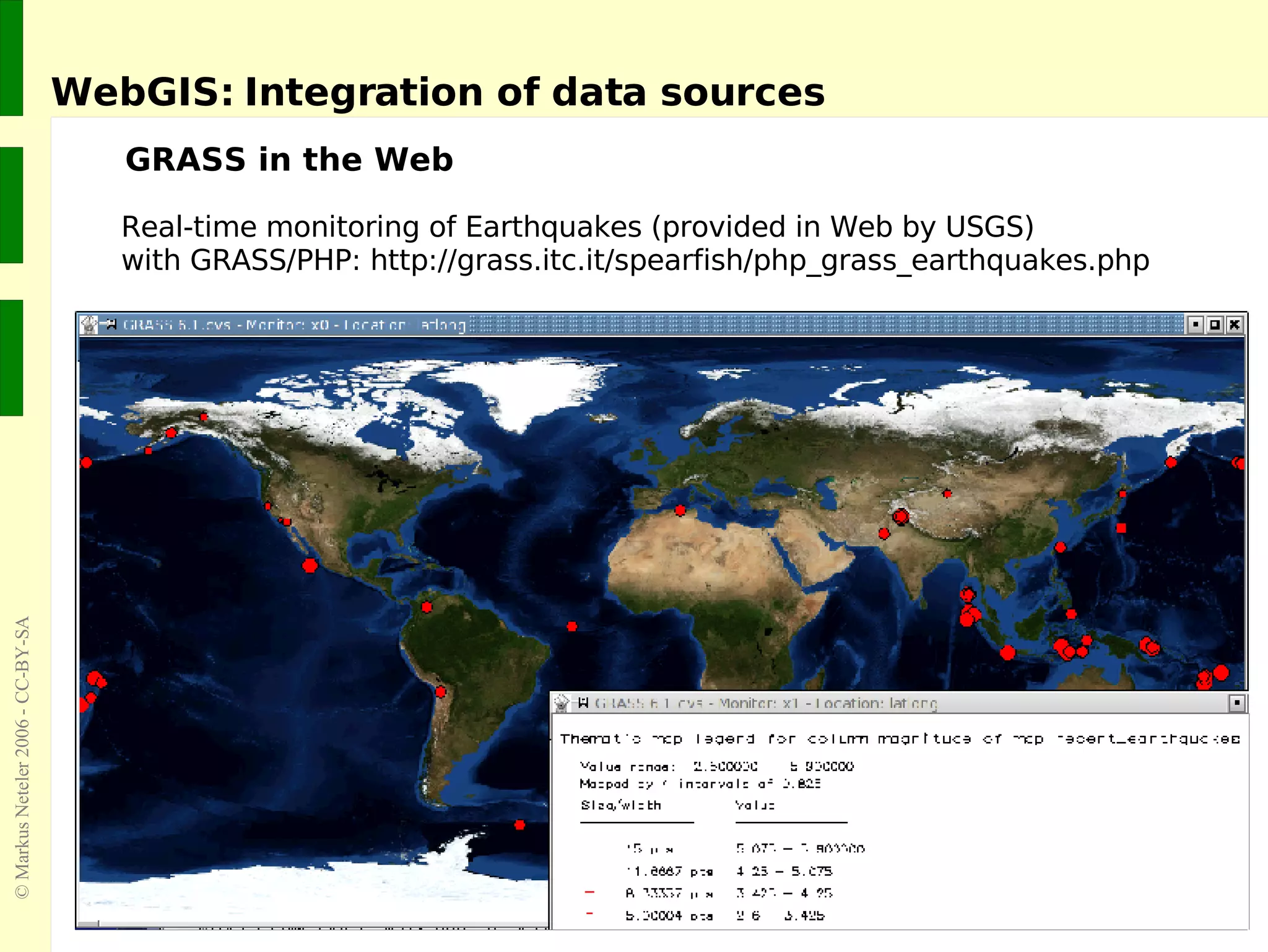 WebGIS: Integration of data sources GRASS in the Web Real-time monitoring of Earthquakes (provided in Web by USGS) with GRASS/PHP:  http://grass.itc.it/spearfish/php_grass_earthquakes.php 