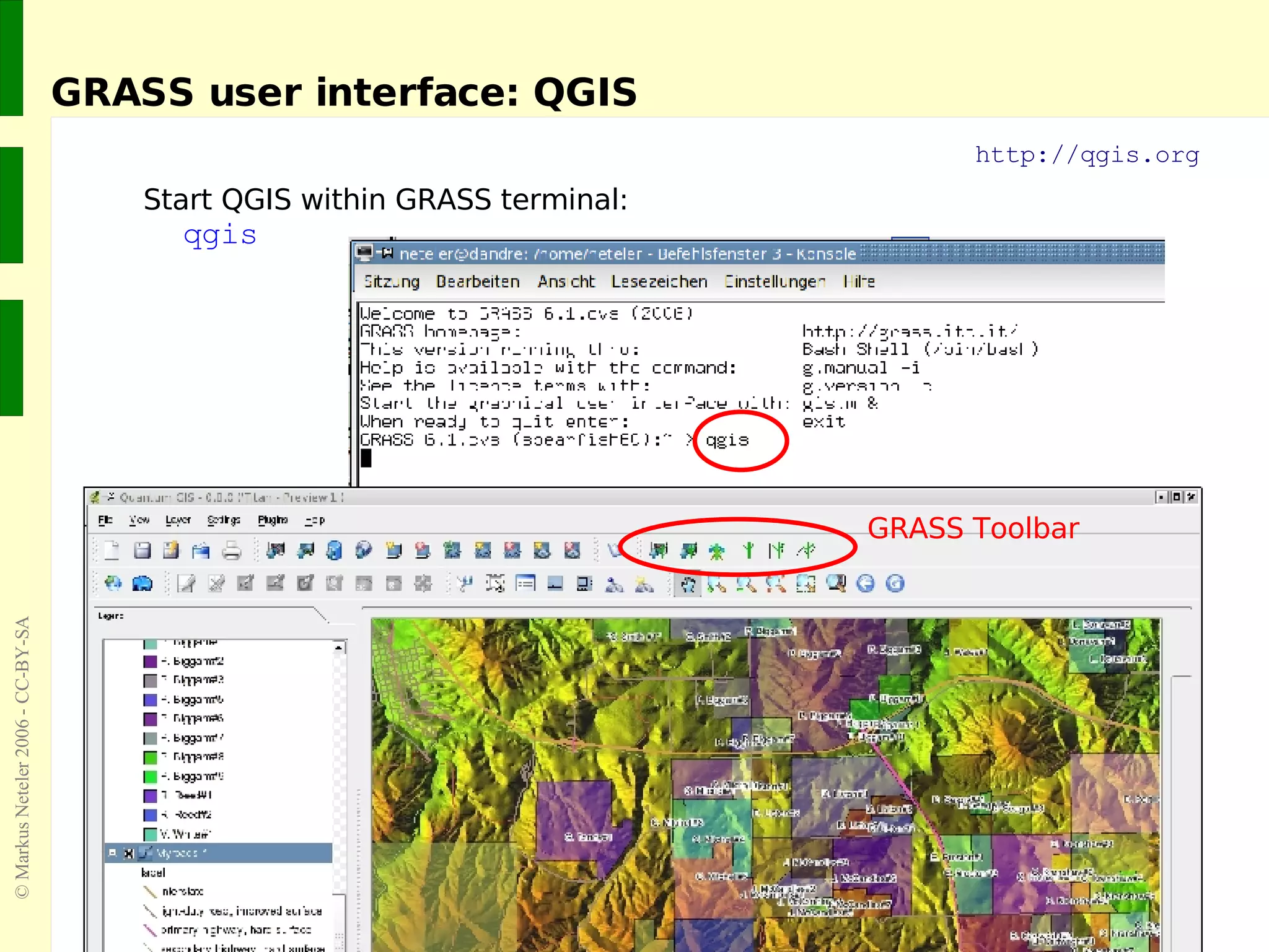 GRASS user interface: QGIS Start QGIS within GRASS terminal: qgis http://qgis.org GRASS Toolbar 
