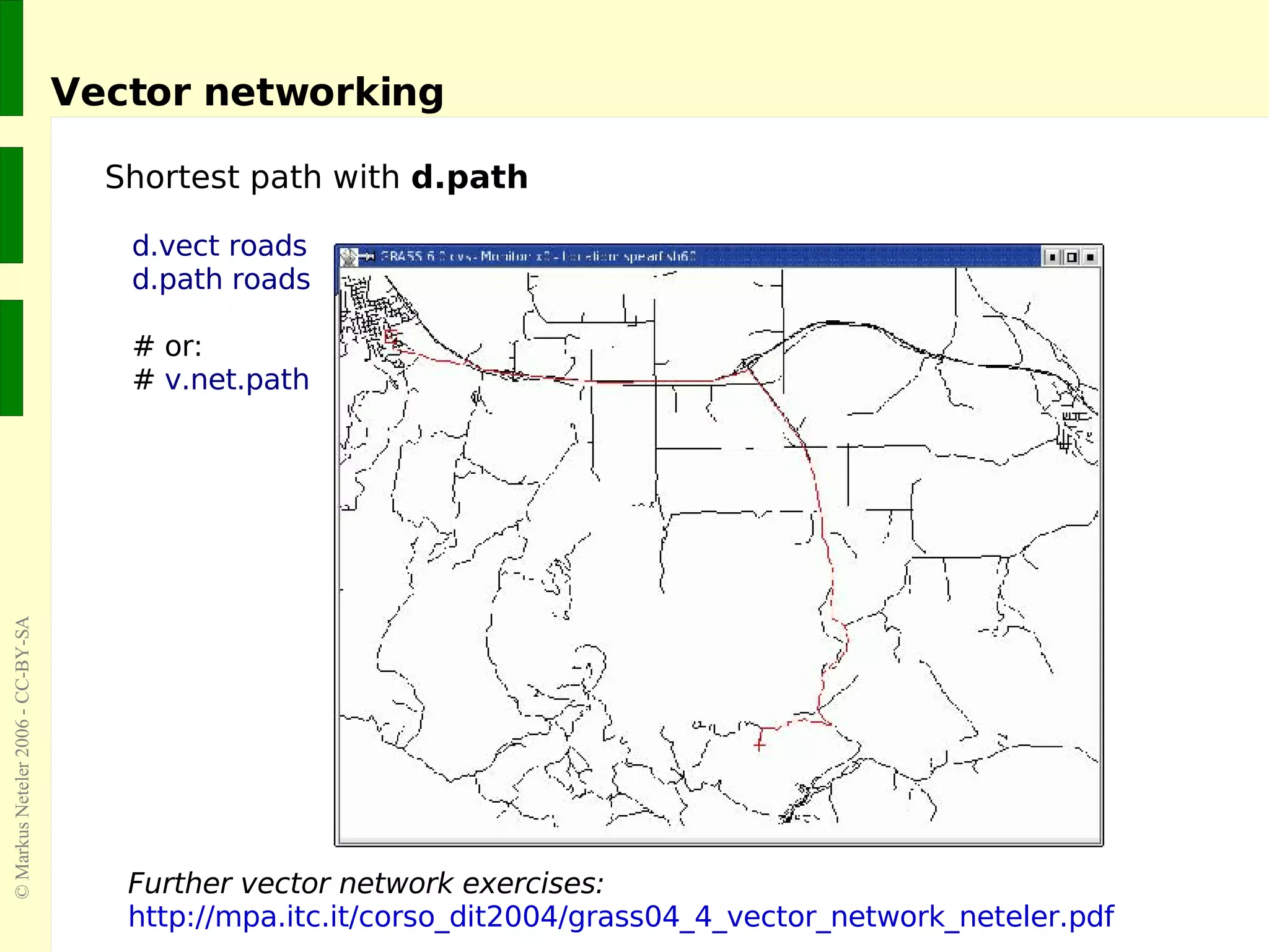 Vector networking Shortest path with  d.path d.vect roads d.path roads # or: #  v.net.path Further vector network exercises: http://mpa.itc.it/corso_dit2004/grass04_4_vector_network_neteler.pdf 